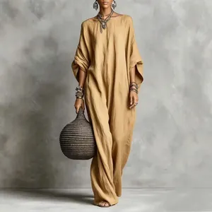 Elegantes böhmisches langärmliges Maxikleid mit U-Boot-Ausschnitt in Senfgelb Retro-Stil