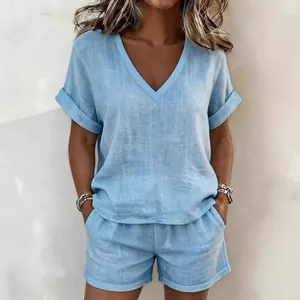 Ensemble en Coton pour Femmes Col en V Haut à Manches Courtes Et Short Haut Et Bas Décontracté Ample Couleur Unie Tenue d'Été pour Femmes