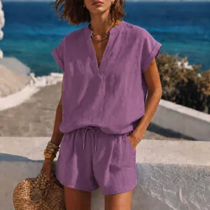 Ensemble short et haut violet style lin pour femme, idéal pour les vacances d'été