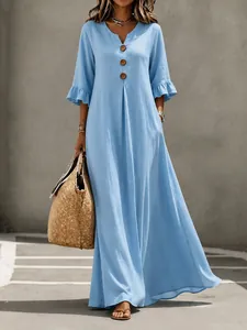 Elegant sky blue V-neck linen maxi dress with ruffle sleeves and wooden button details