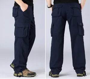 Casual loose navy blue men's cargo pants with multiple utility pockets straight fit