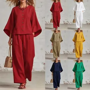 Elegantes Damen-Zweiteiler-Set aus Leinen mit 3/4-Arm-Oberteil und weiter Hose