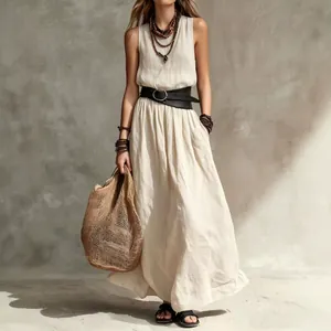 Women French Style Sleeveless Maxi Dress Elegant A-Line Round Neck Solid Color Polyester Summer Vacation Long Dress Top And Bottom