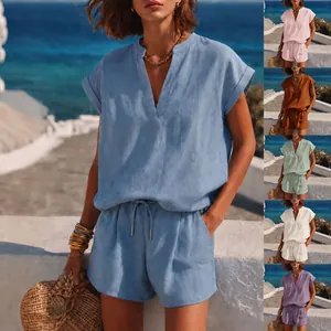 Vêtements Décontractés pour Femmes Couleur Unie Col en V Haut et Bas Ensemble de Vacances Style Resort Été Confortable Polyester Élasthanne