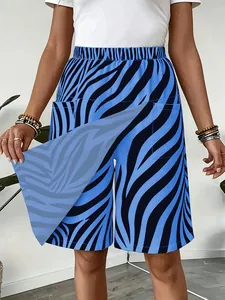 Close-up of women's blue zebra print skort with elastic waist, featuring side pockets