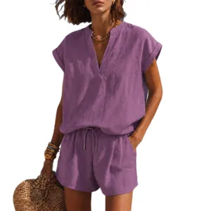 Ensemble de vacances décontracté 2 pièces violet pour femme avec haut col V et short