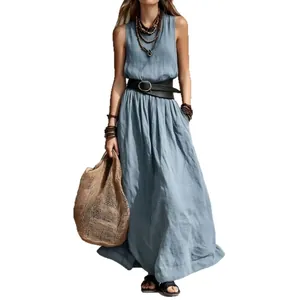 Elegant sleeveless light blue linen maxi dress featuring a high waist belt and flowing skirt