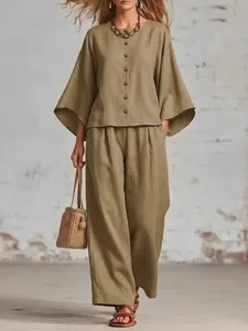 Elegantes olivgrünes Set aus Baumwolle und Leinen mit Oberteil und weitem Bein für Damen