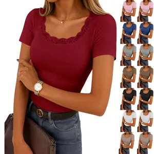 Detailed view of women's ribbed square-neck T-shirt with lace trim in multiple colors.