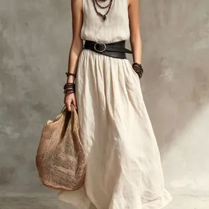 Elegant French style sleeveless apricot maxi dress with black waist belt for summer