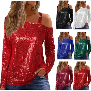 Women's sparkling long sleeve sequin top with cold shoulder strap in multiple colors