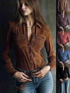 Dames Effen Kleur Suède Lange Mouwen Overhemd Met Zakken Vintage Casual Commute Slim Fit Revers Blouse Top