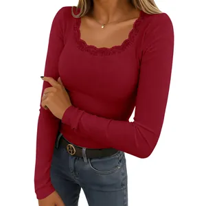 Detail of burgundy square neck rib-knit top with delicate lace trim on neckline