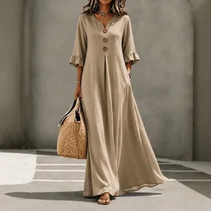 Elegante vestido maxi caqui para mujer con cuello en V y mangas anchas con volantes