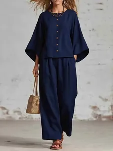 Elegantes marineblaues Baumwoll-Leinen-Set für Damen mit 3/4-Ärmeln und weitem Bein