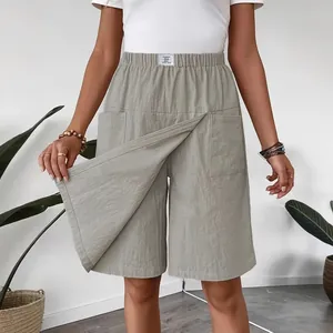 Stylish light green cotton linen skorts for women with elastic waist and functional pockets
