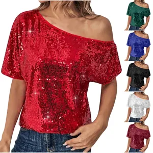 Stylish off-shoulder sequin T-shirt for women available in multiple vibrant color options