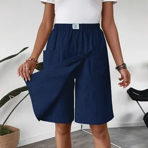 Casual navy blue high-waisted women's culottes skirt-pants with elastic waist and side pockets