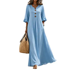 Elegante vestido largo bohemio azul claro liso con escote en V y botones decorativos