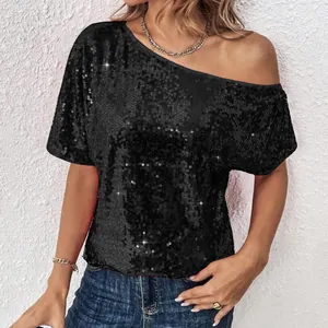 Stylish black sequined off-shoulder top with a loose fit for women's casual party wear