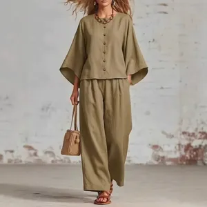 Elegantes Damen-Set aus Baumwolle und Leinen mit weiten Ärmeln und lockerer Hose