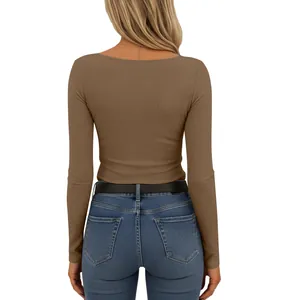 Back view of a brown slim fit ribbed long sleeve T-shirt for women in Y2K style