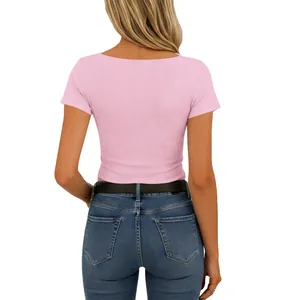 Back view of a women's pink ribbed short sleeve T-shirt featuring a stylish square neck.