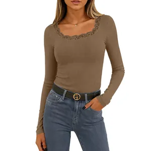 Brown ribbed knit top with lace square neckline and long sleeves for women