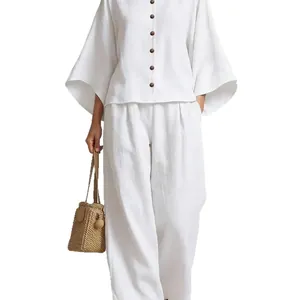 Elegantes weißes Baumwoll-Leinen-Set mit 7-Min-Ärmel-Top und lässiger weiter Hose