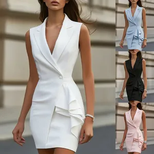 Close-up of sleeveless blazer dress with elegant side ruffle detail in multiple colors