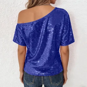 Back view of a shimmering royal blue sequin one-shoulder top for party wear fashion