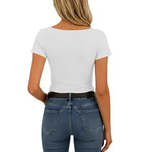 Rear view of a comfortable white rib-knit short sleeve t-shirt with a square neckline