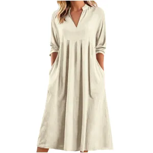 Abito midi casual beige in cotone e lino per donna con scollo a V e tasche estive
