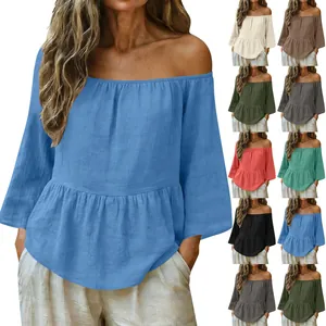 Elegante blusa in cotone e lino con spalle scoperte, balze e diverse varianti colore