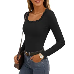 Detail of black square neck long sleeve ribbed knit top with elegant lace trim