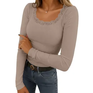 Women's slim fit square neck long sleeve knit top with elegant lace trim in taupe color