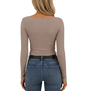 Detailed back view of a slim fit square neck long sleeve taupe knit T-shirt for women