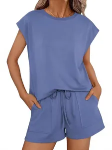 Conjunto de 2 piezas para mujer con camiseta de cuello redondo y shorts con cordón