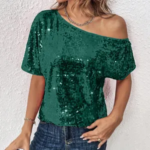Detail of dark green sequin off-shoulder top for women in casual party style