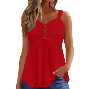 Detailed view of red summer camisole top with front button accents and wide straps.