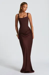 Elegant chocolate brown corset maxi dress with draped skirt and square neckline detail
