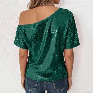Detailed back view of emerald green loose fit sequin off-shoulder top for women