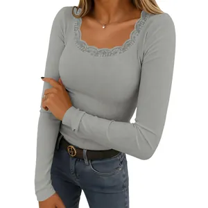 Detail view of grey long sleeve ribbed knit top with elegant lace trim square neckline
