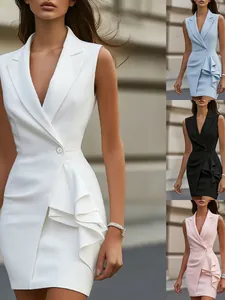 Women Elegant Solid Color Sleeveless Lapel Dress Sexy V-Neck Slim Fit Patchwork Ruffle Midi Dress Office Summer Clothing