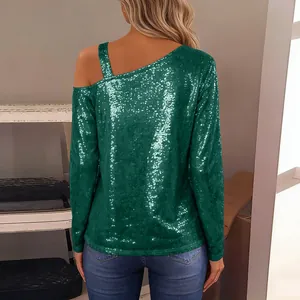 Back view detail of elegant green sequin cold shoulder long sleeve shirt for women