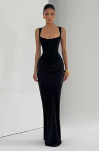 Elegant black corset style maxi dress featuring a draped hip detail and scoop neckline