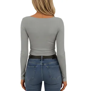 Back view of a grey ribbed long sleeve slim fit knit top for women stylish Y2K fashion