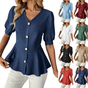 Elegant women's summer V-neck puff sleeve blouse featuring multiple color options