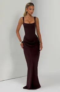 Elegant dark brown bodycon maxi dress featuring a corset bodice and draped hip detail.