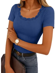 Women's royal blue square neck ribbed T-shirt with delicate lace trim detail